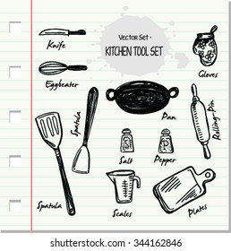 Set of kitchen utensils icon in doodle design style 