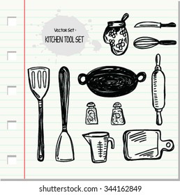 Set of kitchen utensils icon in doodle design style 