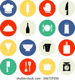 Set of kitchen utensils icon in flat design style 