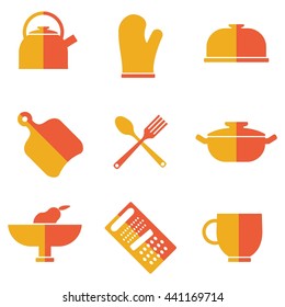 Set of kitchen utensils icons. Cartoon flat vector illustration. Objects isolated on a white background.