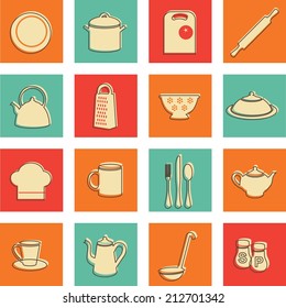 Set of kitchen utensils icons in flat style  