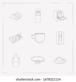 Conjunto de utensilios de cocina iconos línea símbolos de estilo con fósforos, hervidor eléctrico, taza y otros iconos para el diseño del logo de tu aplicación móvil web.