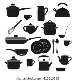 Set of kitchen utensils, image of icon utensils and appliances. Isolated images of dishes. Vector logo flat style.