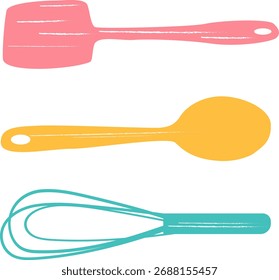Conjunto de utensilios de cocina que incluye un batidor de mano, espátula y cuchara para cocinar y hornear.