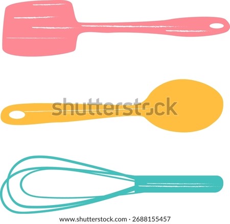Set of kitchen utensils including a hand whisk, spatula, and spoon for cooking and baking.
