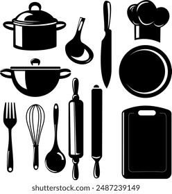 A set of kitchen utensils including knife, pan, chef hut, spoon, chopping board, spoon, fork, rolling pin, pan, pot 