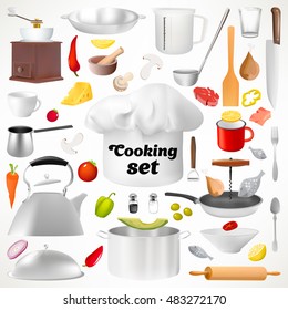 Set of kitchen utensils. Isolated items. Culinary set. Kitchen ware. Cook's cap. A pan for cooking. A frying pan for frying. A mug for tea. The Turk for cooking of coffee. Tablespoon. Sharp fork.