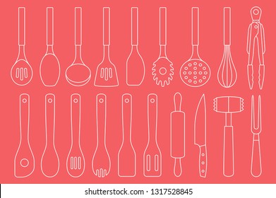 Set of Kitchen Utensils. isolated on red background