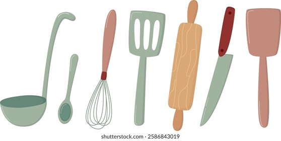 Set of kitchen utensils isolated on white background. Illustration with tools for cooking