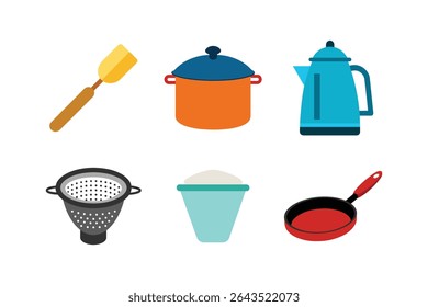 Um conjunto de utensílios de cozinha isolados sobre fundo branco. O conjunto inclui um pote, uma panela, uma chaleira, uma espátula, um escorredor e uma tigela. Estes são essenciais para cozinhar e preparar alimentos em qualquer cozinha.