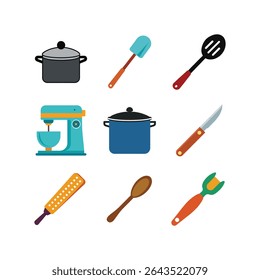 Um conjunto de utensílios de cozinha isolados sobre fundo branco. Inclui vasos, panelas, espátulas, colheres, uma faca e um misturador. Ideal para projetos temáticos culinários, receitas ou conteúdo relacionado à cozinha.