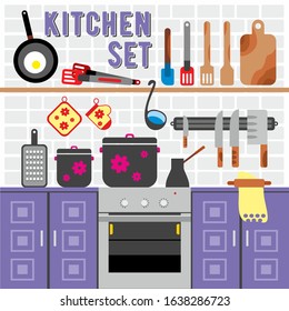 set of kitchen utensils and items