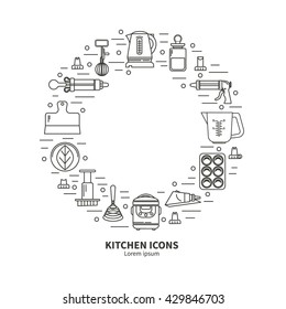 Set of kitchen utensils and items for baking. Cookware. Icons in a linear style. Kitchenware. Modern design.