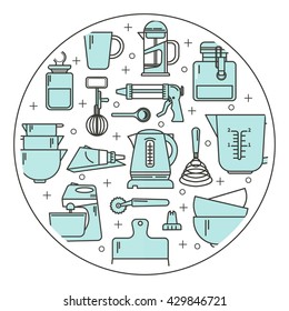 Set of kitchen utensils and items for baking. Cookware. Icons in a linear style. Kitchenware. Modern design.