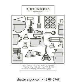 Set of kitchen utensils and items for baking. Cookware. Icons in a linear style. Kitchenware. Modern design.