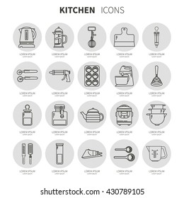 Set of kitchen utensils and items for baking. Cookware. Icons in a linear style. Kitchenware. Icons on the substrate