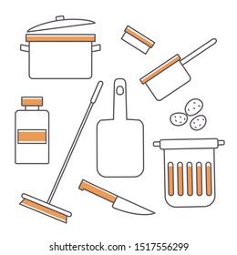 Set of kitchen utensils. Items for cooking and cleaning. Illustration in linear style on white background