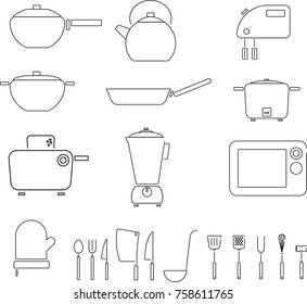 Set of kitchen utensils, Kitchenware for cooking, pans & pots.
