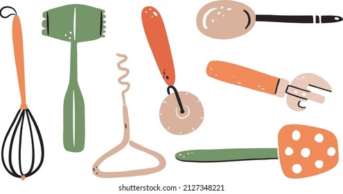 Set of kitchen utensils. Kitchenware tools handdrawn.