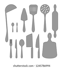 A set of kitchen utensils, ladle, spatula, spoons, forks, knives, rolling pin, skimmer, cutting board.