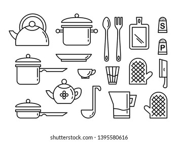 Set of kitchen utensils linear art icon. Collection of illustrations for print, web, banner, poster, card, logotype. Isolated on white background. Vector