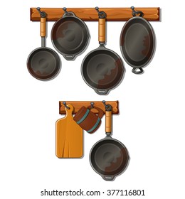 A set of kitchen utensils made of cast iron and cutting Board. Vector.