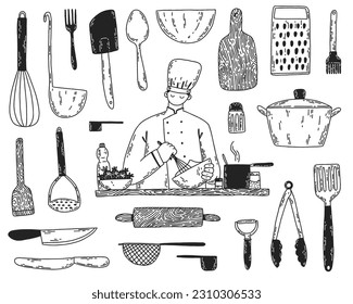 Set mit Küchenutensilien und Handkoch. Vektorgrafik, handgezeichnet. Junge Süßwaren machen Desserts. Kochwerkzeuge