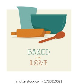 Set of kitchen utensils. Measuring cup, bowl, spoon, rolling pin. Still life on a gentle background with lettering. Vector hand-drawn illustration.