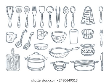 A set of kitchen utensils and utensils. Monochrome vector illustration in doodle style.