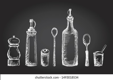 Conjunto de utensilios de cocina en una pizarra, símbolos gráficos vectoriales, línea dura, dibujados a mano