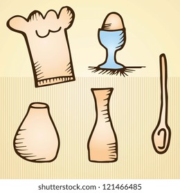 set of kitchen utensils on stripe background