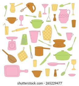 A set of kitchen utensils on a white background. Vector illustration.