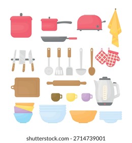 Um conjunto de utensílios de cozinha em um fundo branco. Elementos de cozinha. Uma frigideira, uma panela, pratos, uma chaleira elétrica, uma toalha e um rolo.