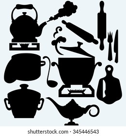 Set of kitchen utensils. Pans, kettle, wooden rolling pin and cutting board with a knife. Isolated on blue background. Vector silhouettes