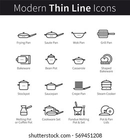 Set of kitchen utensils, pans & pots. Kitchenware for cooking, frying and baking. Thin black line art icons. Linear style illustrations isolated on white.