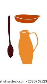 Ein Satz Küchenutensilien: ein Teller, ein Löffel, ein Krug. Vektorgrafik, Illustration, Silhouette, Muster. Orange, braun auf weißem Hintergrund. Café, Restaurant, Zuhause, Tischdekoration. EPS10