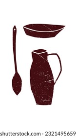 Un conjunto de utensilios de cocina: un plato, una cuchara, una jarra. Vector, ilustración, grunge, patrón. Borgoña en un fondo blanco. Cafetería, restaurante, cocina casera. Eps10