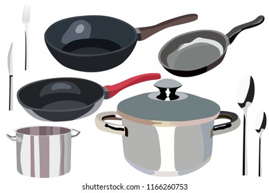 A set of kitchen utensils from pots, pans, spoons and forks