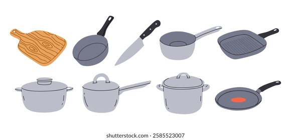 set of kitchen utensils. pots and pans