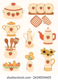Set of kitchen utensils. Saucepan, shelf with plates, teapots, sugar bowl. Flat vector illustration.