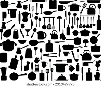 Set of Kitchen Utensils Silhouette, Knife, Cattle, Blender, Spoon, Jug