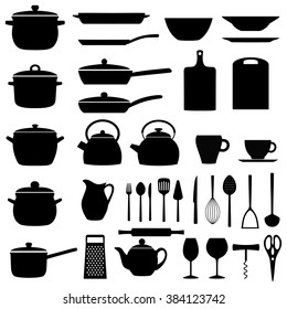 Set of kitchen utensils; silhouettes of kitchenware, vector illustration