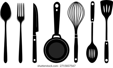 Set of kitchen utensils silhouettes. Spoon, fork, knife, pan, whisk, and spatula icons. Flat vector illustration for cooking, culinary, and restaurant concept