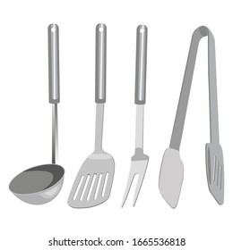 Set of kitchen utensils (soup ladle, shovel for fish, shovel for frying cutlets, two-armed fork), on a white background, vector