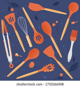 Set von Küchenutensilien, Löffel und Spatulas Muster