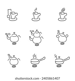 Set of Kitchen utensils - teapots, pots, pans, cups, cooking, contour black linear silhouettes. Vector linear icons for menu, website, books design