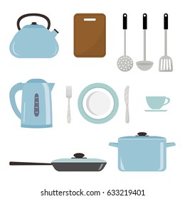 Set of kitchen utensils and tools in a blue color isolated on white background. There is a saucepan, a kettle, a frying pan, a plate, a fork, a knife and other objects in the picture. Vector image