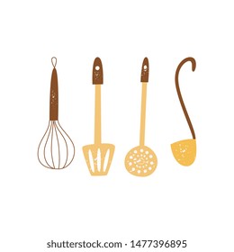 Set of kitchen utensils or tools for cooking flat cartoon style, vector illustration isolated on white background. Collection of kitchenware as whisk and spatula and skimmer and ladle