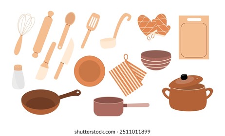 Conjunto de utensílios de cozinha, ferramentas e talheres para cozinhar. Cozinhe aparelhos e coleção de acessórios. Ilustrações vetoriais planas de objetos de utensílios de cozinha isolados sobre fundo branco.