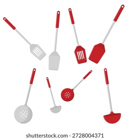 A set of kitchen utensils and tools featuring a metal handle and plastic spade isolated on a white background for gardening or construction work